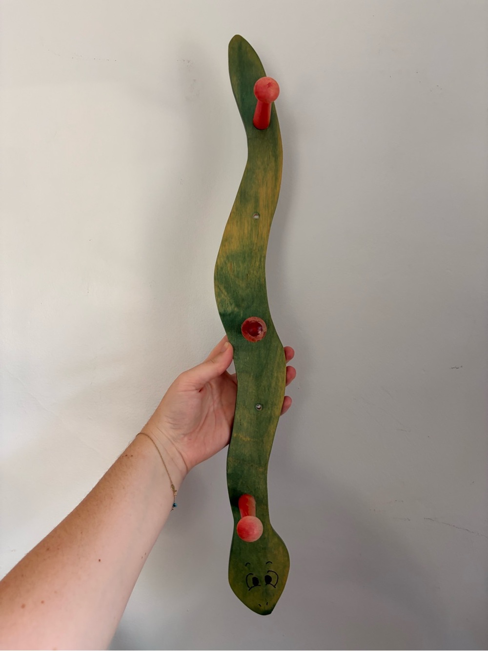 Vintage Green Wooden Snake Wall Hook with Red Pegs